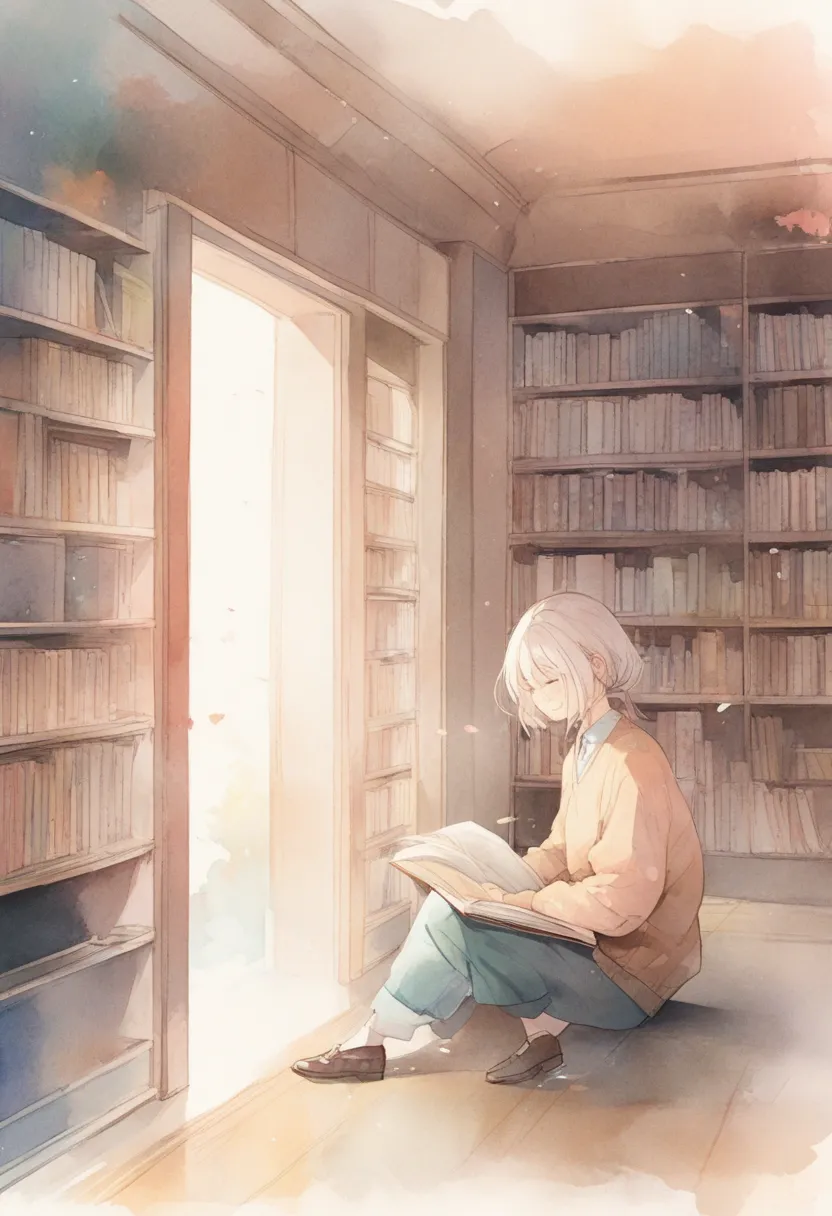 A poignant anime-style illustration in soft pastel tones and delicate watercolor textures. Show an intimate view of a library corner where, amidst the quiet, the atmosphere feels charged with new emotion. The focus is on a subtle visual detail—a barely vis...