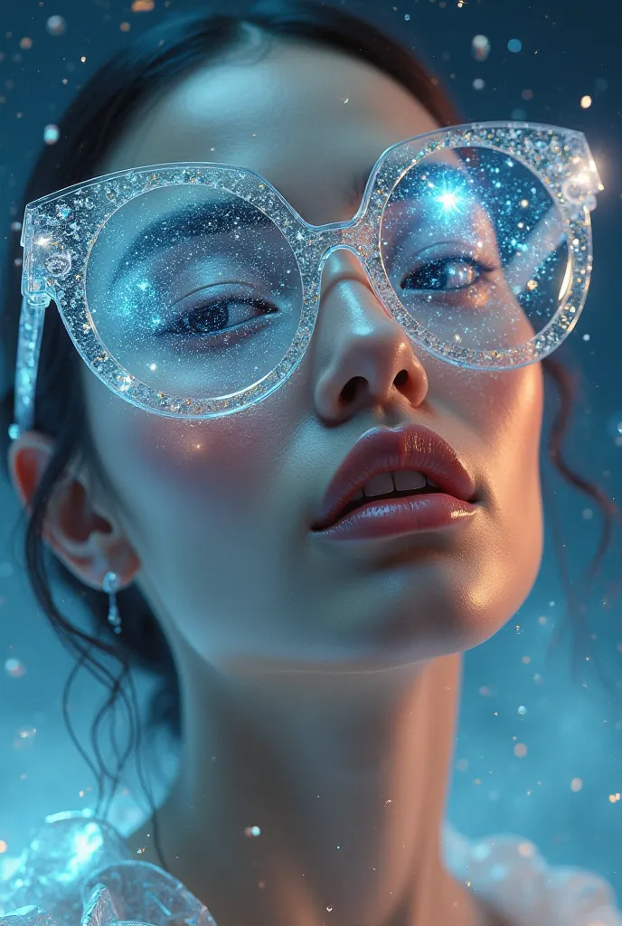 The model wears crystal sunglasses with stars and the moon in the glass