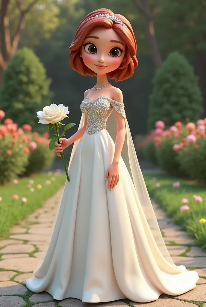 "Create Pixar 3D style,. funko pop 3d. Female average height, with fair skin and short dark red hair wearing simple headband.  Wearing a long white dress shiny rhinestone bodice transparent dress "with sleeve cape" capa longa, At the bottom with Duchesse s...