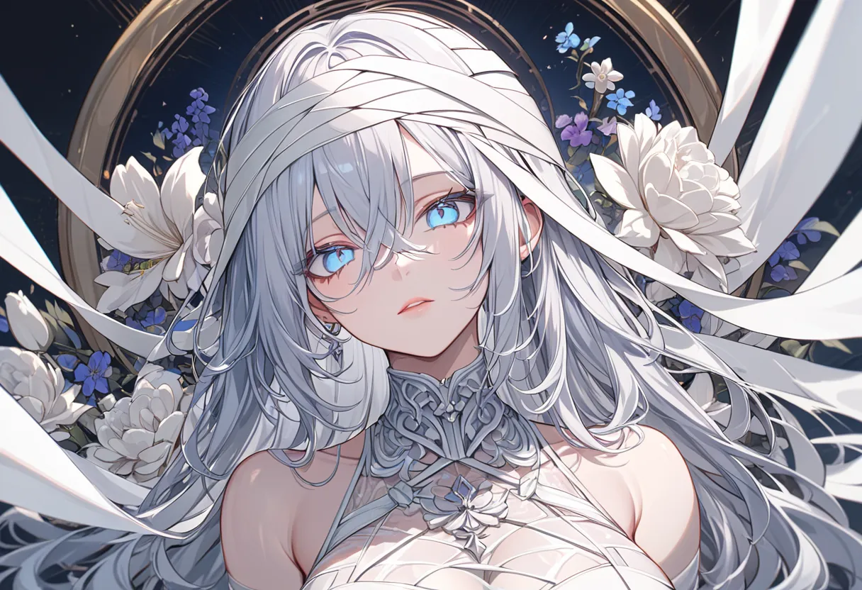 masterpiece, best quality, amazing quality, perfect eye, very aesthetic, absurdres, Iavn, Long hair, light blue eyes, Silver Hair, (Bandages On The Head:1.4), Bperfect eye, 1girl, (((ultra-detailed))), elegant, 1woman, dramatic angle, light rays, hair betw...