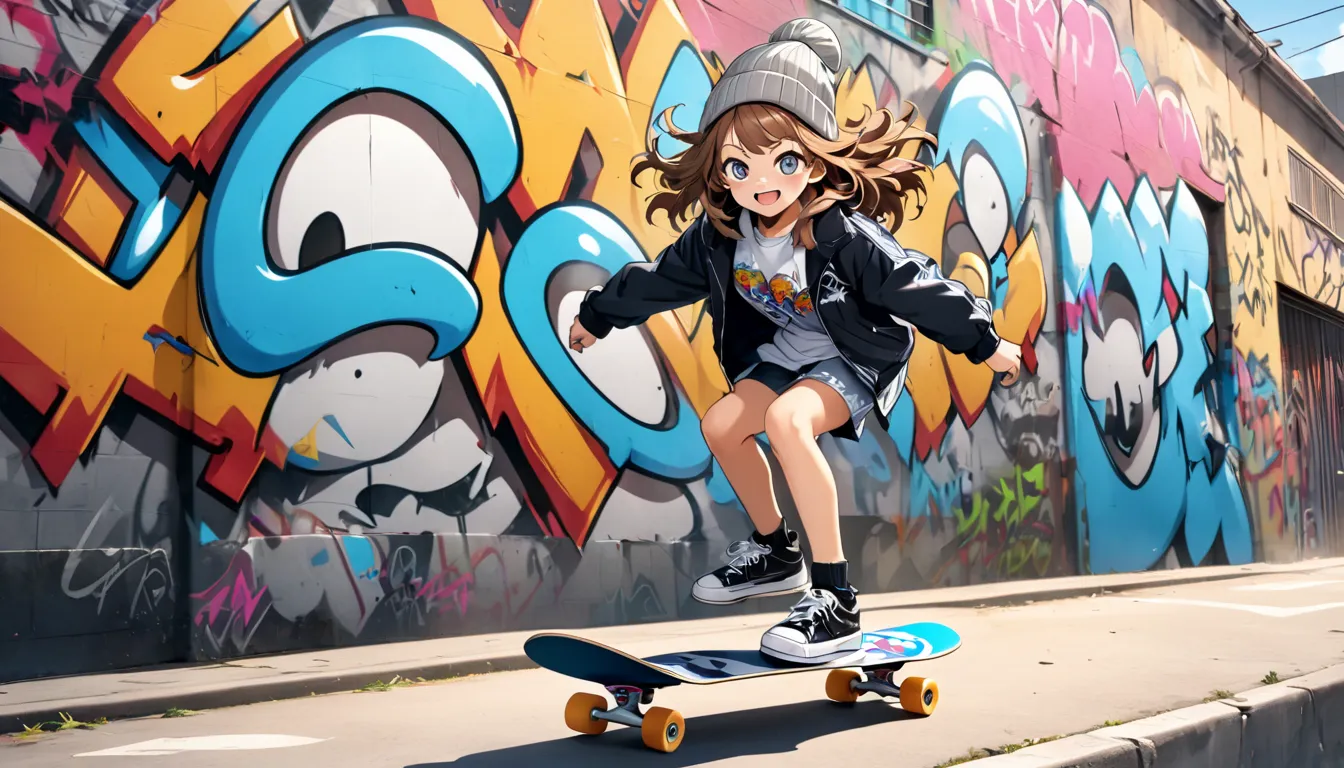 full body image, 2000s style brown messy hair, They seem to be riding a skateboard happily, graffiti,  Grey Beanie ,  anime, dynamic movement,　Best Hands, 8K resolution, Ultra HD, symmetric eyes,