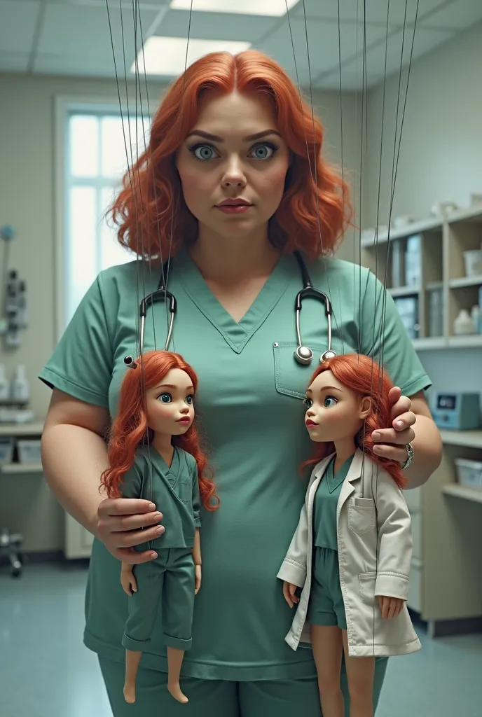 A fat unpleasant woman controls a little puppet female doctor with red hair on ropes in a ren's clinic