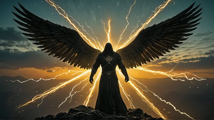 "An ultra-realistic and striking image, in photoreal style, showing Lucifer as a majestic and imposing being, enveloped in an aura of intense golden light, representing the true bearer of light. His gaze is penetrating, conveying wisdom and power, while hi...