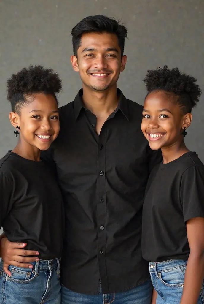 Young Latino man with Asian eyes, tall and wearing a black shirt smiling, To his left and right he has two twin girls; both smile and have very short black hair, both wear jeans and a black shirt, They are very pretty and wear black cross-shaped earrings