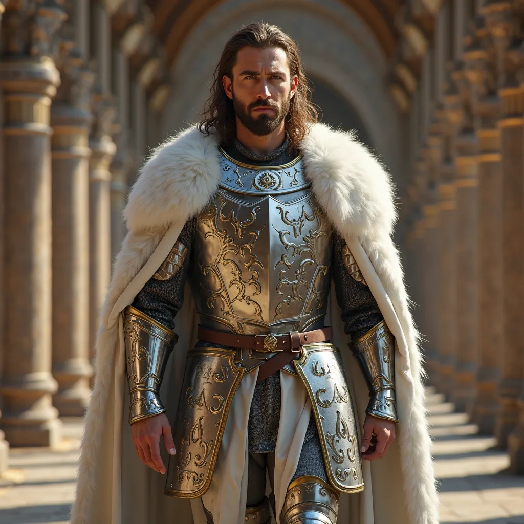 Warrior prince in impressive silver armor detailed in gold with a voluminous white cape walking in his palace. Handsome and strong man with long shoulder-length hair and short beard. ultra realistic socks, 8k. Cinematic Art.