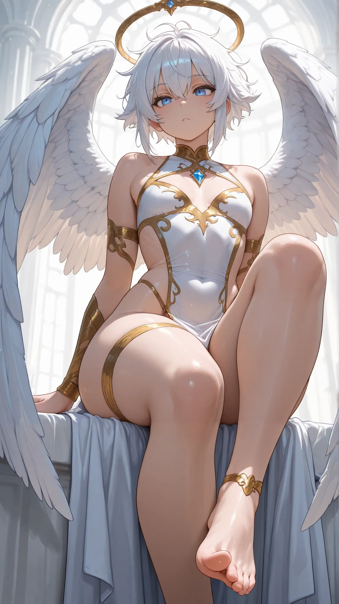 1boy, femboy, Giant white wings, white hair, radiant blue eyes, barfoot, sitting, thick thighs, small waist, slender frame, short hair, messy hair, boyish features, High Resolution, Masterpiece, Anatomically Correct, Accurate, Detail, High Details, Angelic...