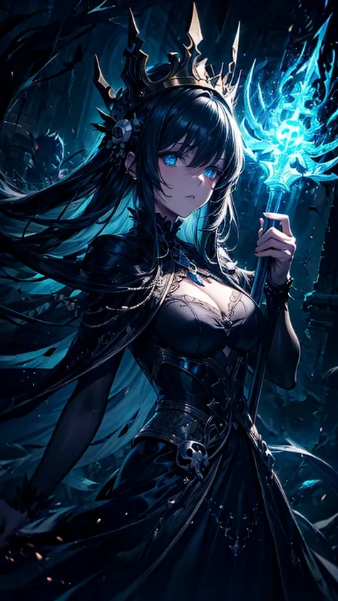 anime-style illustration, En Morikura style, dark and regal goddess of the underworld, young and mysterious woman, long flowing jet-black hair, piercing icy-blue eyes, wearing a flowing black and silver Mesopotamian gown, intricate gothic patterns, a dark ...