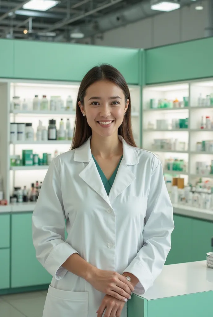 « Une pharmacie moderne, les couleurs sont le blanc et le vert, des étagères organisées pleines de médicaments et de cosmétiques, un pharmacien souriant comme un assistant client, l'éclairage est lumineux et l'ambiance est professionnelle et propre.