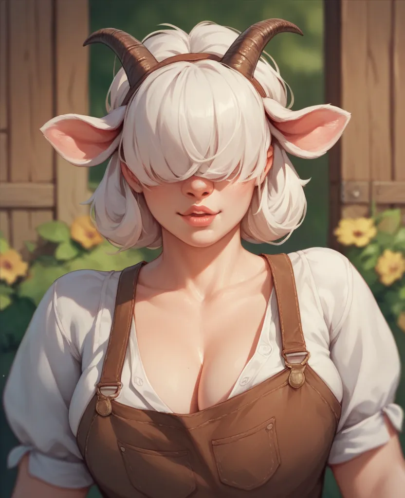 She is a woman with white hair covering her eyes and has white goat horns. Her eyes are white and she wears clothes like a farmer