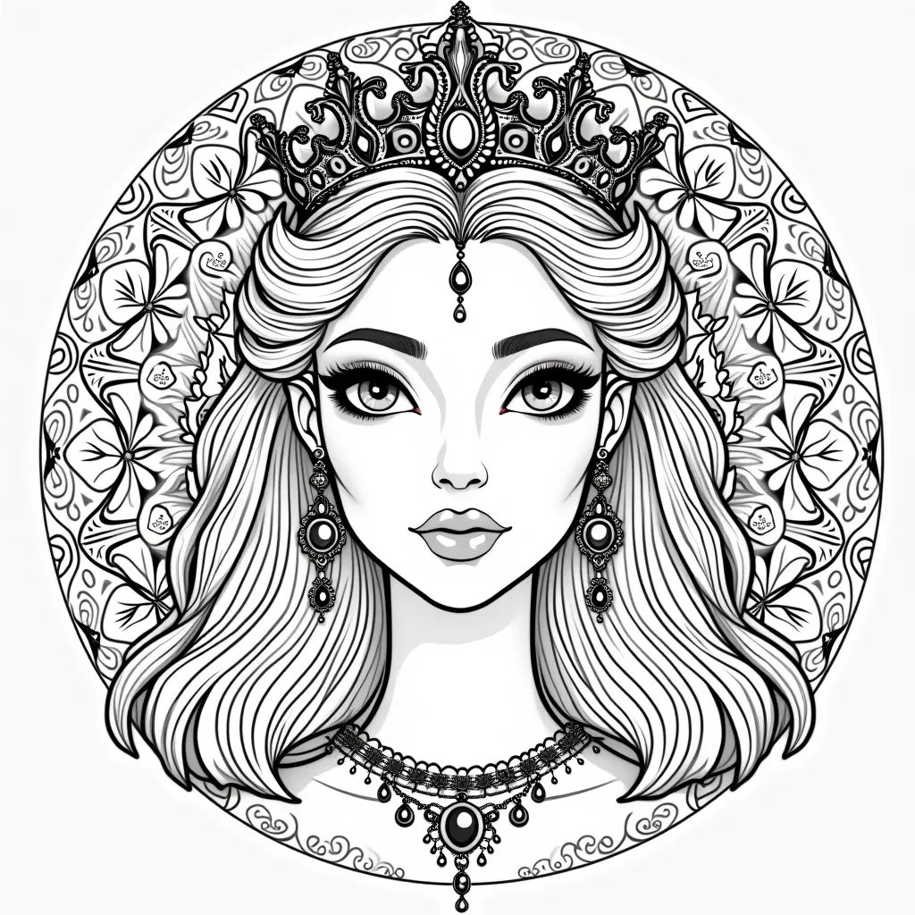 "A highly detailed black-and-white line art drawing of a regal woman with a serene yet powerful expression. She wears an ornate crown with intricate filigree patterns, gemstones, and symmetrical decorative elements. Her long, flowing hair is adorned with d...