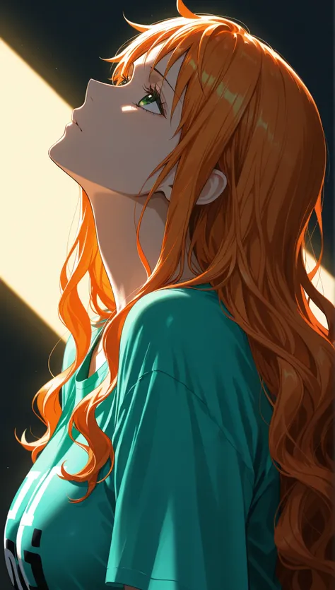 masterpiece, high score, great score, absurdres, close-up, beautiful woman, Nami, one piece, orange hair, long hair, slight wavy hair, beautiful green eyes, oversized t-shirt, simple background, vivid colors, volumetric lighting, soft lighting, facing up, ...