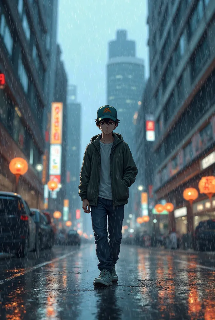 A guy walking down the street in the rain anime