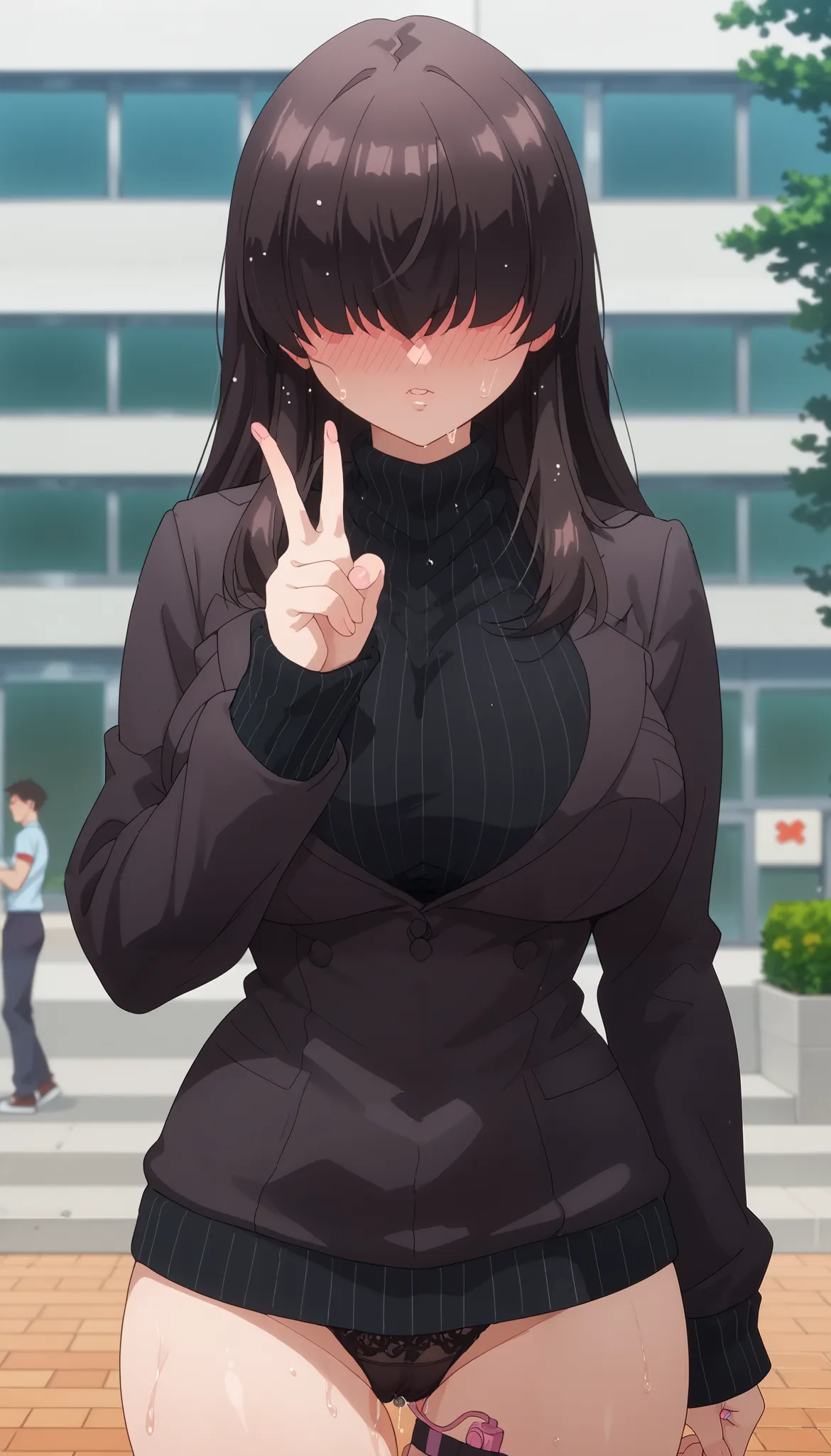 score_9, score_8_up, score_7_up, anime_source, expressive, anime, cartoon, speedlines, dynamic, heart, meme kakure, 1girl, makeup, floox style, skin curves, sweat, arrogant, long hair, (black hair, long hair, Bangs cover eyes,eyes covered by hair, bangs,vi...