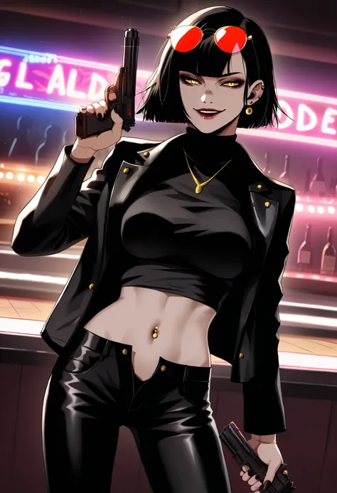 GirlV1, black hair, yellow eyes, , makeup, sunglasses on head, blunt bangs, bob cut
black jacket, black turtleneck, turtleneck, jewelry, necklace, jewelry, gold trim,
parted lips, serious, half-closed eyes,  ear piercing, long hair, , lipstick, Hot girl, b...