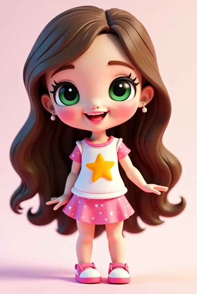 Create a cute doll cartoon, in the style of the game Avatar World. white skin, long brown hair straight wavy, bright green eyes, lips with pink lip gloss. without an ear avatar, pink cheeks. wears a star-themed outfit, And a star. pastel tone background. S...