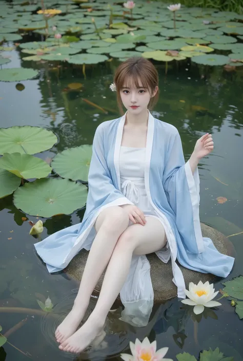 There is a blue dress, 16 long legs, woman sitting on a rock underwater, Standing gracefully on a lotus flower, Heavenly Beauty, Unvolume , court , Girl in Hanfu, Unvolume , Summer is full of fairies, In the pond, white Hanfu, beautiful young and gracef...
