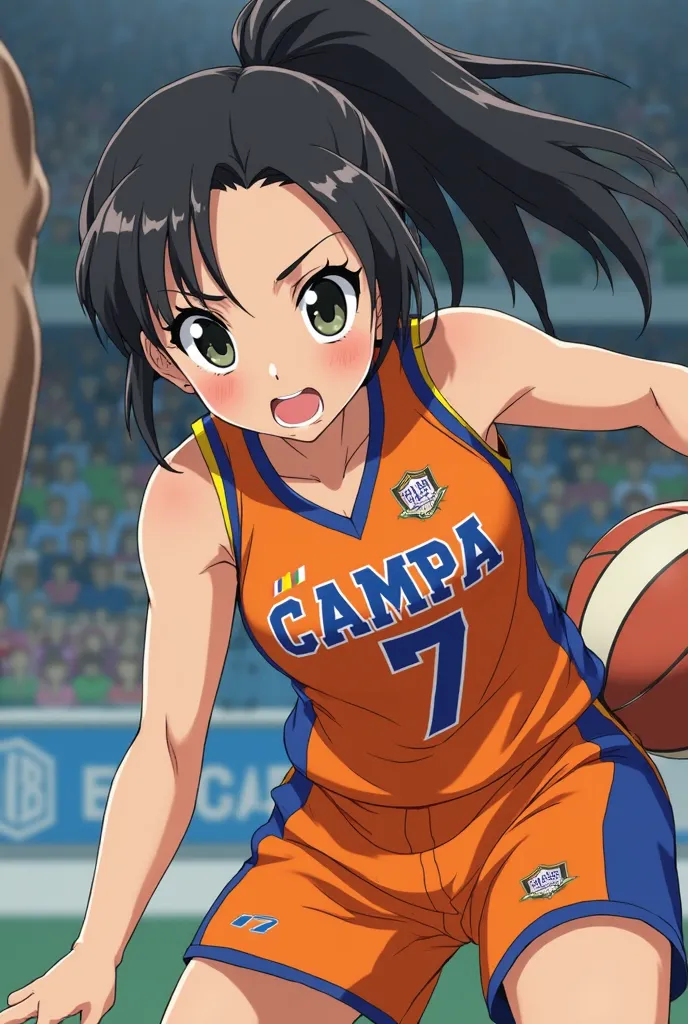 basketball player. Sporty physique. She has black hair tied in a tail.. It's Italian. Orange uniform with thin blue lines. CAMPA is the name of the team. The writing is blue , with white border. She is number 7
He is defending the ball between his opponent...