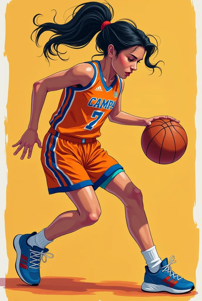 basketball player. Sporty physique. She has black hair tied in a tail.. It's Italian. Orange uniform with thin blue lines. CAMPA is the name of the team. The writing is blue , with white border. She is number 7
He is defending the ball between his opponent...