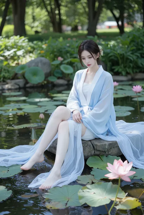 There is a blue dress, 16 long legs, woman sitting on a rock underwater, Standing gracefully on a lotus flower, Heavenly Beauty, Unvolume , court , Girl in Hanfu, Unvolume , Summer is full of fairies, In the pond, white Hanfu, beautiful young and gracef...