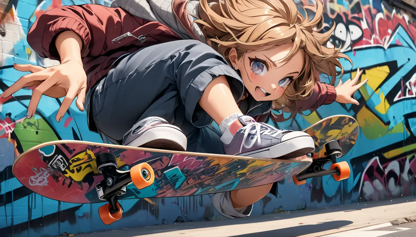 full body image, 2000s style brown messy hair, They seem to be riding a skateboard happily, graffiti,  Grey Beanie ,  anime, {dynamic movement},　1 girl, Best Hands, 8K resolution, Ultra HD, symmetric eyes, close-up, best fingers, {super elaborate skateboar...