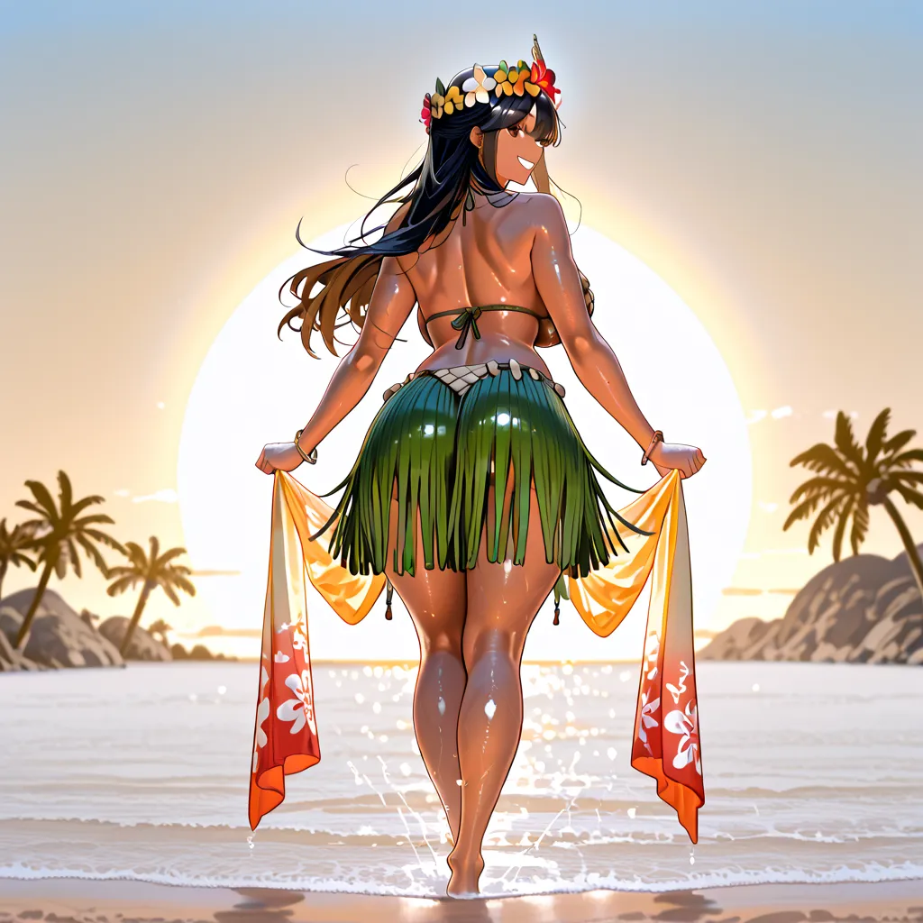 A breathtaking 36-year-old Hawaiian woman dances under the warm glow of torches at a lively beachfront luau. Standing at 6'0" (1.83m), she has a voluptuous yet toned figure, with large breasts, wide hips, thick thighs, and a round, firm backside. Her skin ...