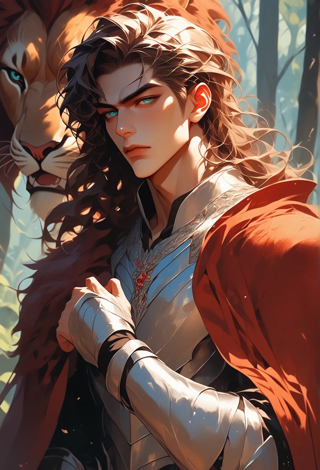  Male youth ，Height 190cm，Wide shoulders and strong physique，, short brown hair, slightly curly，, deep turquoise eyes like a forest。Always wearing silver white armor，, wears the iconic red lion cape of the Kingdom of Helsinki。Thick coated style ， highest q...