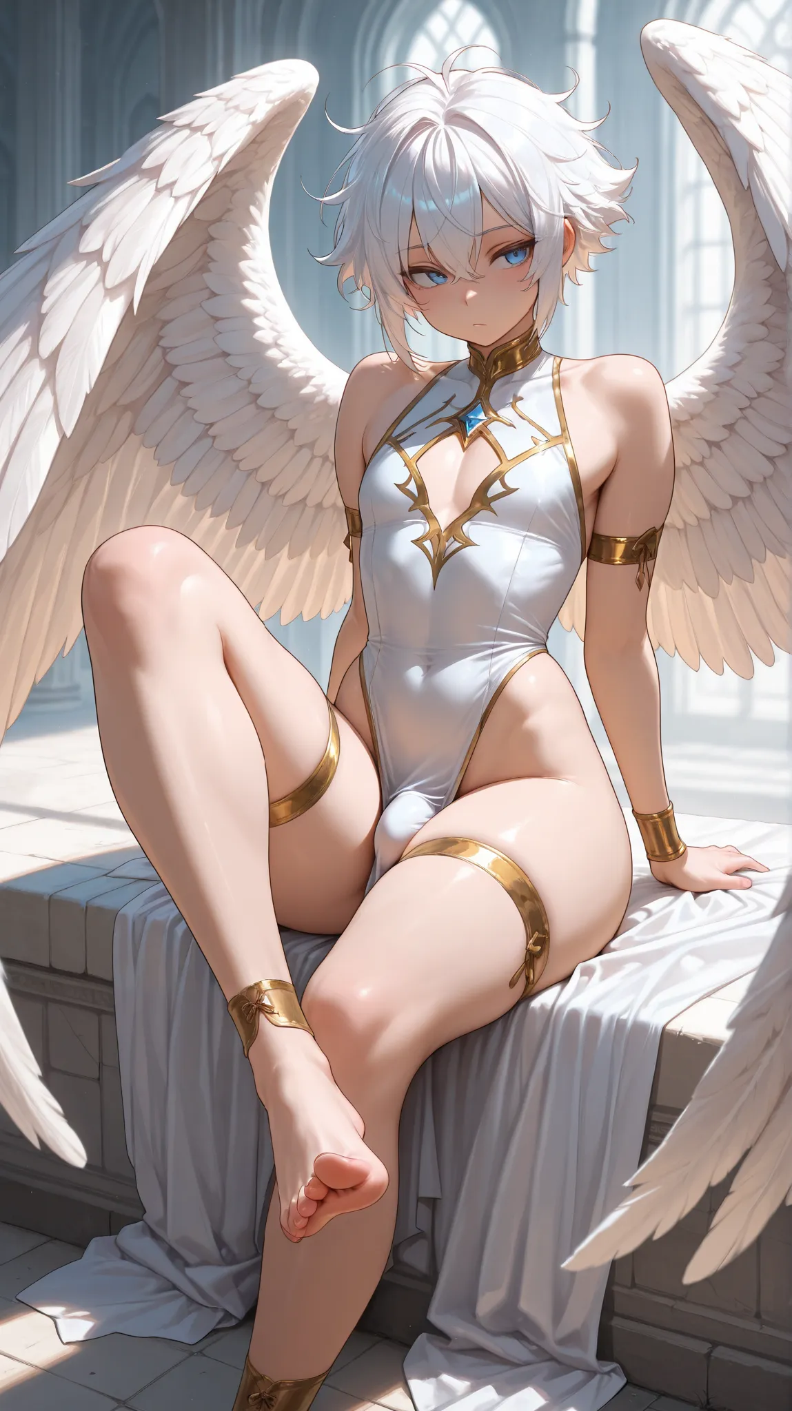 1boy, femboy, Giant white wings, white hair, radiant blue eyes, barfoot, sitting, thick thighs, small waist, slender frame, short hair, messy hair, boyish features, High Resolution, Masterpiece, Anatomically Correct, Accurate, Detail, High Details, Angelic...