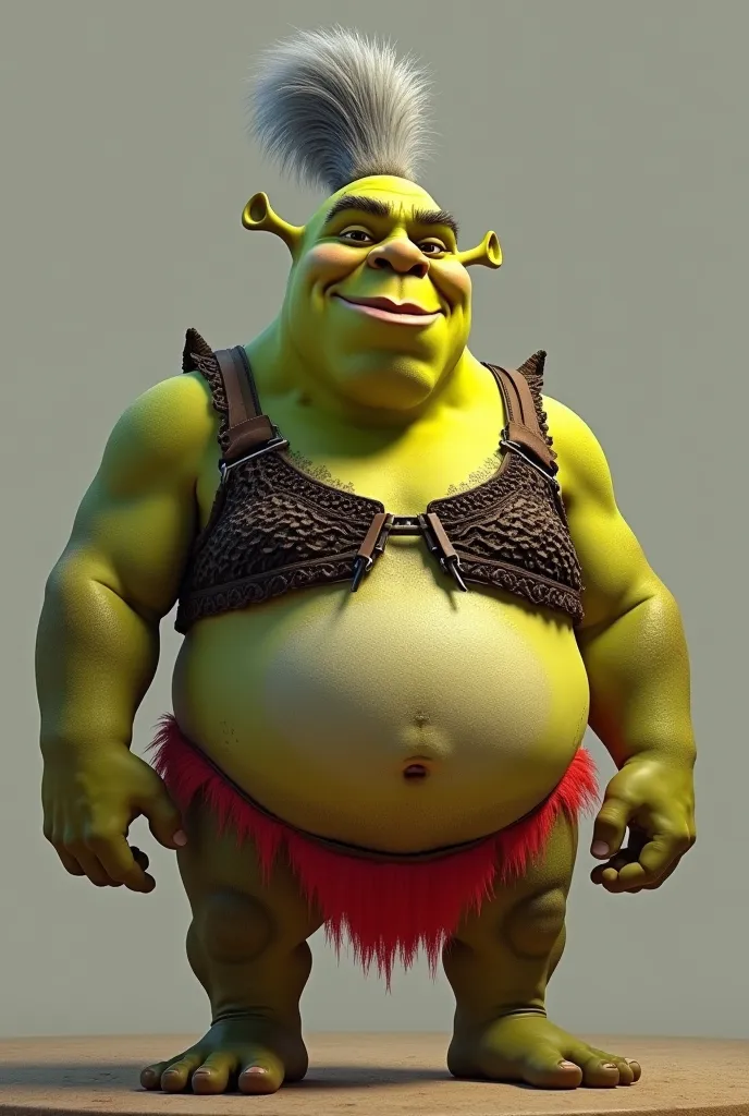 Do the Sherek; High bun hair; Color gray; clothing : red floss bikini; face : brave face; Body : Fat and old .