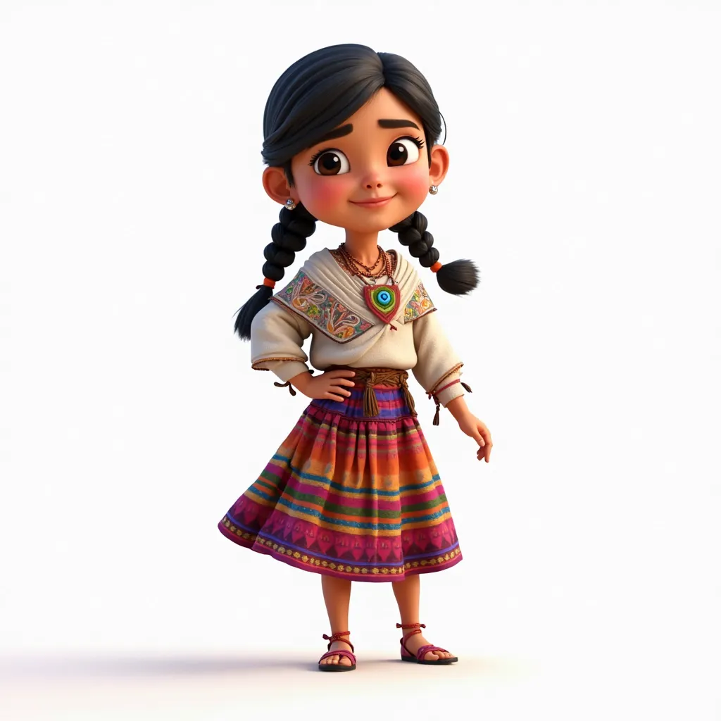 Generate an animated image with a white background of a girl wearing the typical clothing of the Lenca indigenous community