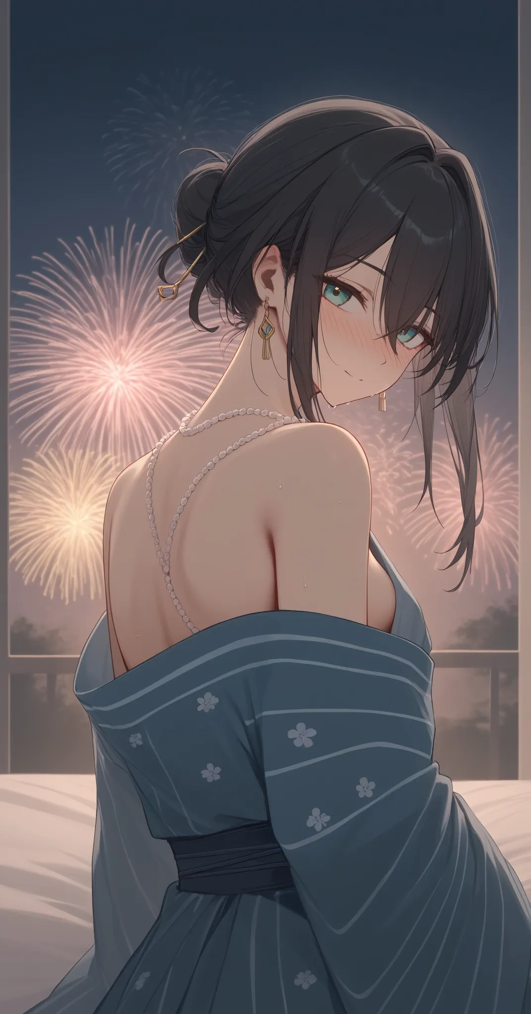 solo, pearl earrings, hairpin, ruan mei, black hair, aqua eyes, long hair, hair bun, single hair bun,sidelocks, streaked hair, hair between eyes,(bangs),jewelry,(looking at viewer),Perl necklace,(yukata),(lying)
BREAK
1 woman, small breasts, slender body,s...