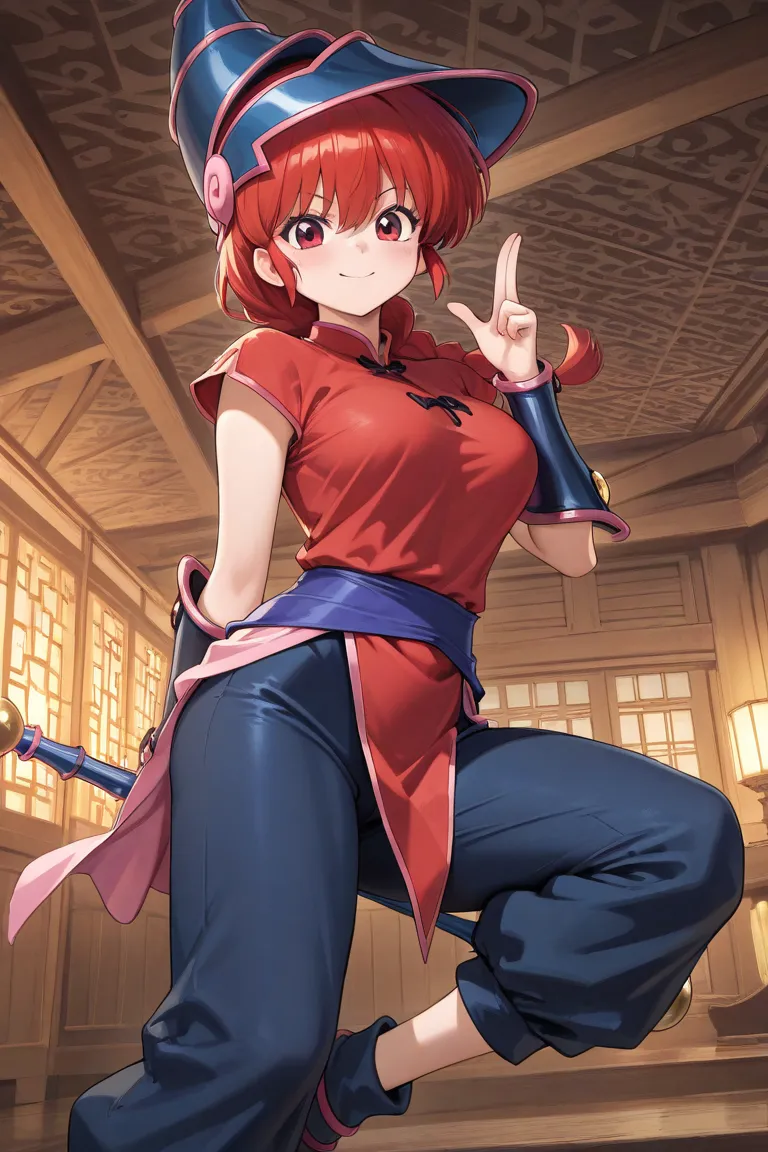 (Alone:1.3), a girl\( dark Magician girls  , the main character of the anime ,  beautiful,sexy,  braided   red hair, red eyes,      Chinese red clothing     ,    smiling,   Ranma saotome  ,  braid,   red hair, single  braid,  braided ponytail, red eyes, pa...