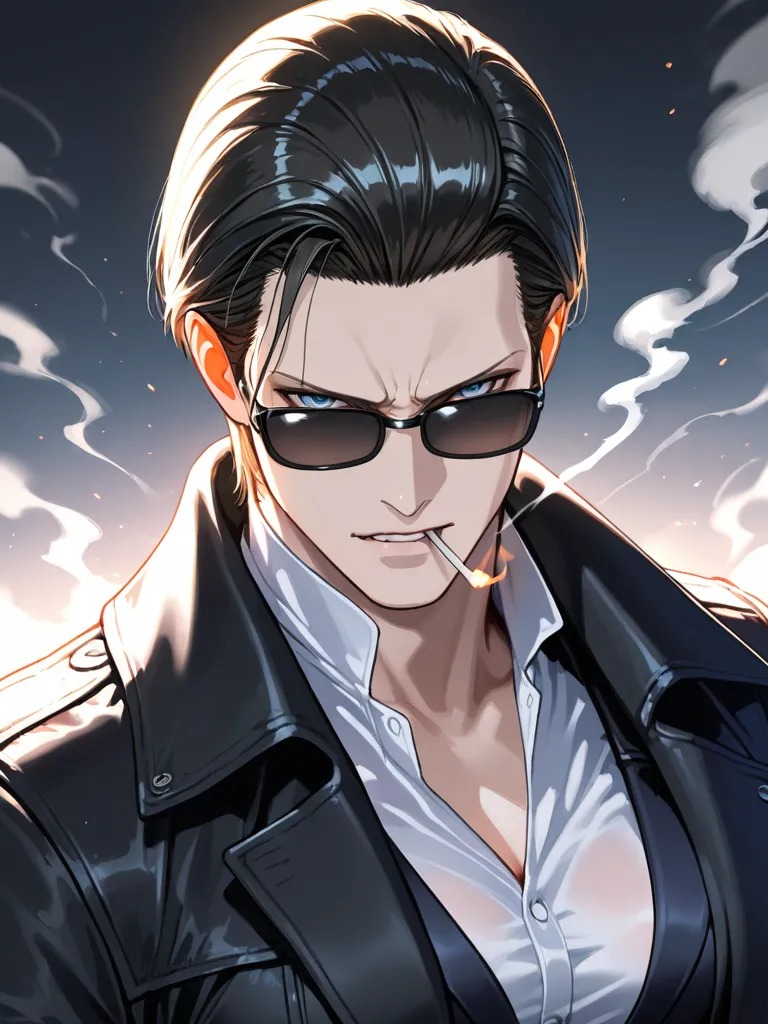 Albert Wesker \(Resident Evil\), Black hair, black coat, slightly parted bangs hair, white Shirt , Sunglasses, smoke on mouth, straightening the sleeves of a coat