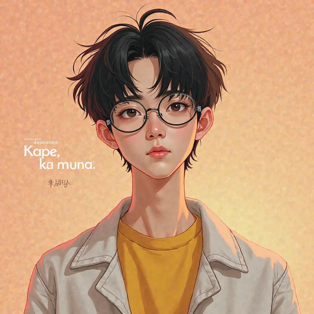 Make a poster photorealistic  for the song KAPE KA MUNA  and add the name of the kape ka muna and written by FRITZ write this also and write that music by  ZETSU make the poster like a KOREAN HANDSOME MAN FACING FRONT, eyeglass , YELLOW shirt white jacket ...