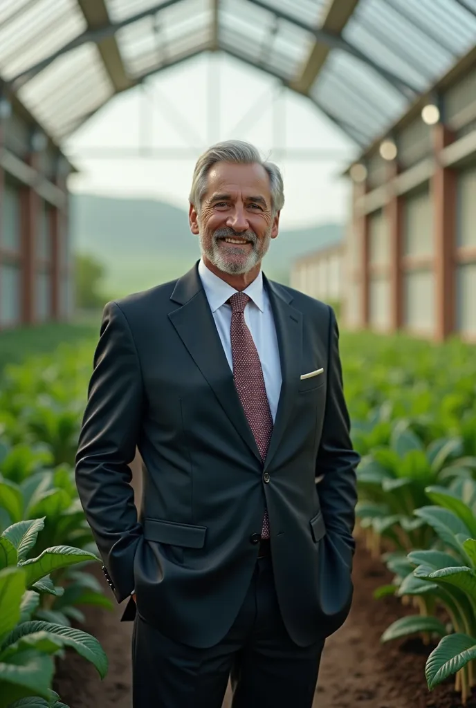 Please make a picture of a farm smkn Principal , intelligent man in AI technology against the background of modern farm with cute and adorable appearance with cool and elegant appearance
