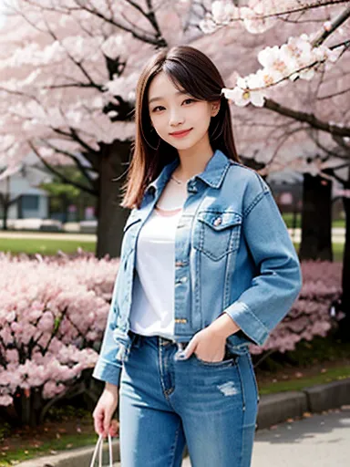 beautiful woman。桜並木のした。standing in a row of cherry blossom trees smiling and smiling。 denim pants。Denim jacket。