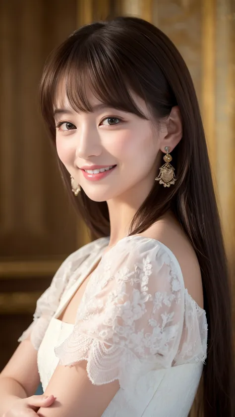 ((top quality,8k,masterpiece:1.3)), anatomically correct、1 girl,10th Generation,Gives a classy impression、long hair、smile,watching viewers,high resolution, masterpiece, asymmetrical bangs、textured skin, ultra high definition, A luxurious background、British...