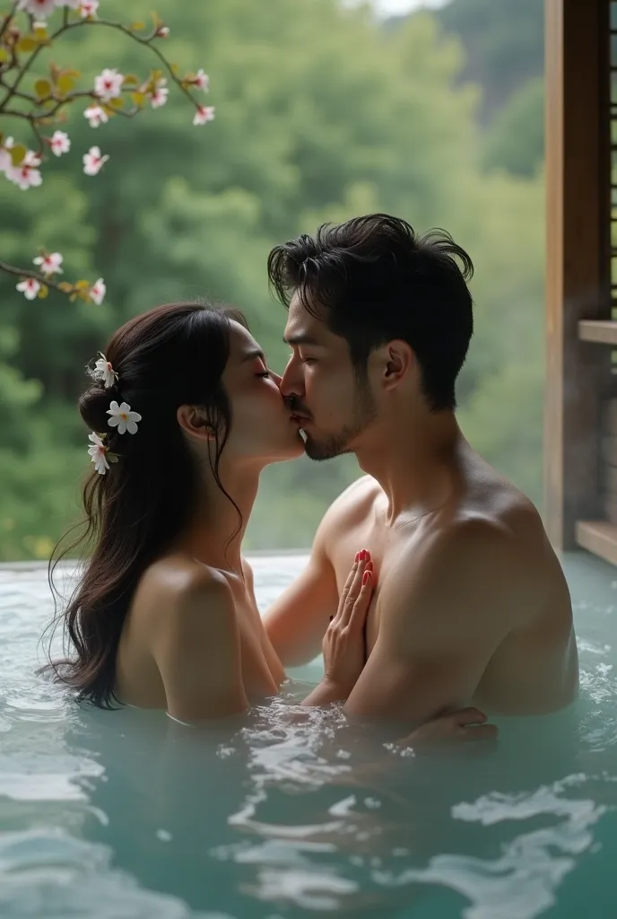 A beautiful japanese woman is sitting in a hot spring kissing a handome 30 year old white man. They are in a forest in Japan.