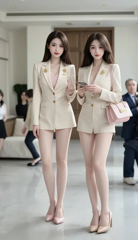 In the picture，The two Asian women walk side by side，creates a stylish aesthetic in a bright interior space。The lady on the left has pink pointy heels，, the tailoring is sharp，The gold buttons are arranged in an orderly manner，continues the style of the su...