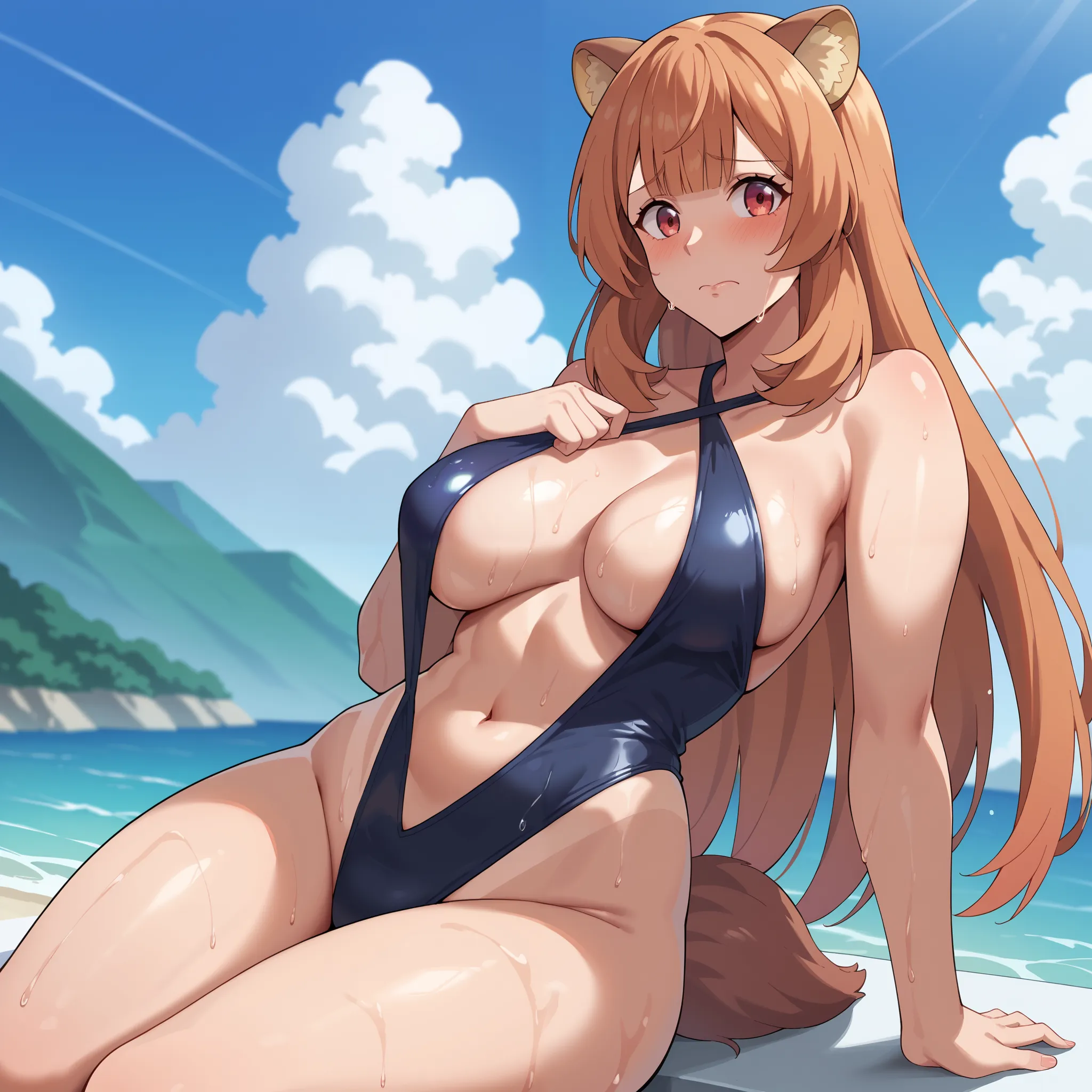 raphtalia, a beautiful young woman with bright orange hair and deep red eyes. Her rounded animal ears peek out of her silky hair. embarrassed red face and shame, big, firm breasts, tanned skin,  showed ((black swimsuit high leg swimsuit , Slingshot swimsui...