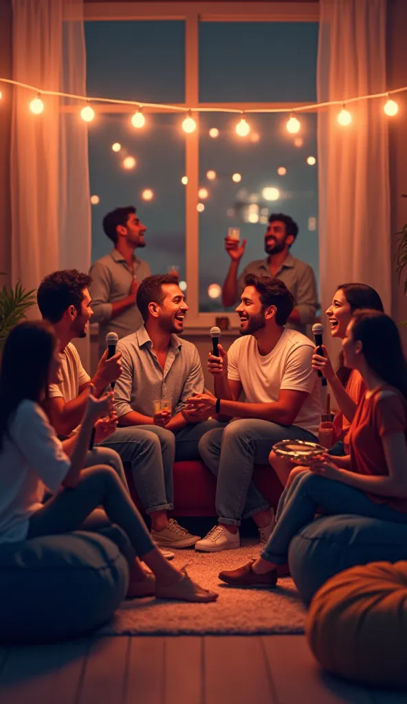 A photorealistic illustration depicting a review between friends singing and having fun.  The setting is cozy , with a sofa and poufs scattered, an intimate environment with soft lights and a microphone in someone's hand, some playing instruments such as g...