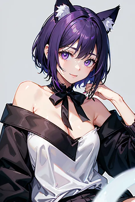 Cat ears、Purple Hair、short hair、off shoulder knit、 Facing Front、1 person、high resolution, Front of face、8k、 Smile、Black bow on the neck、black stockings