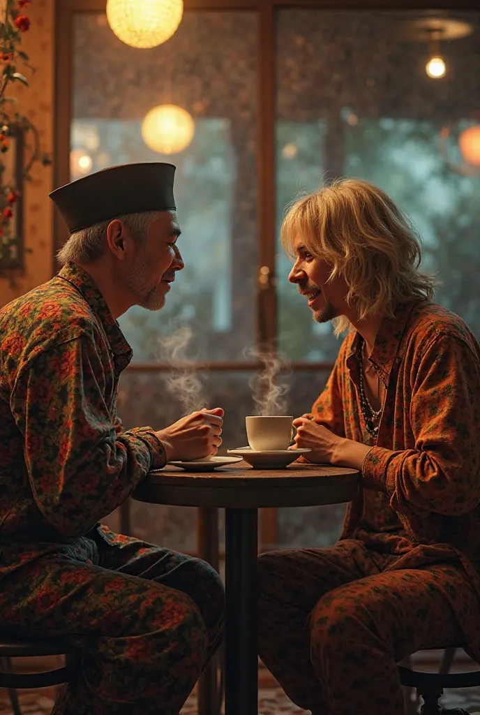 Malay man sit with kurt cobain,using malay traditional clothes.while drinking coffee.see the camera