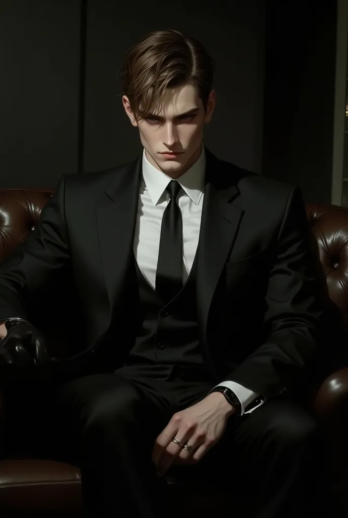 Russian man with short brown hair, hazel sharp eyes, sitting on the sofa in a dark room, in a suit, high quality, mature face, sexy, flat colors, flat lines , { upper body },  thick black l, mafia vibes 