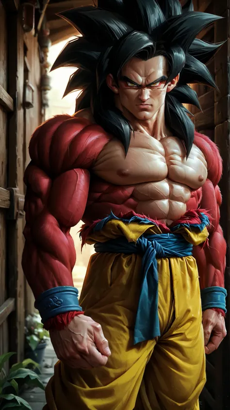 Ggksj4j, muscular character with spiky black hair and a stern expression. The character has a red fur-like skin with long sleeves, exposing a muscular chest. The outfit includes yellow pants with a blue sash tied around the waist, and blue wristbands. 