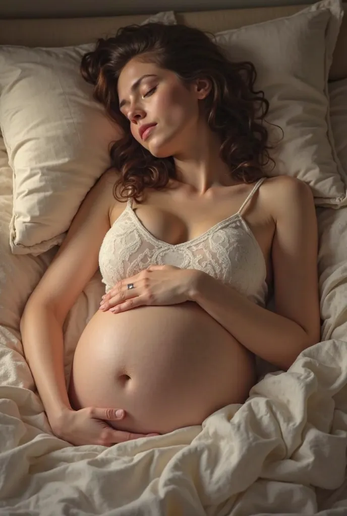 Real woman sleeping with a huge round belly