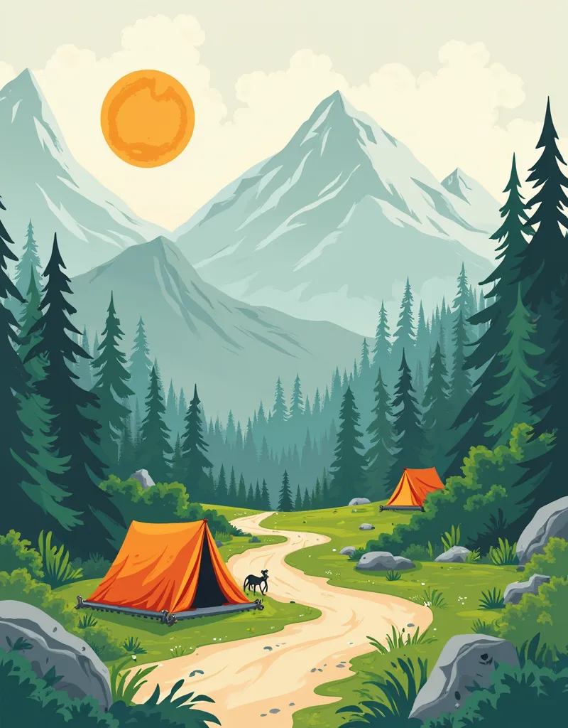 sin texto - diseño simple🔹 Estilo: youthful, dynamic and adventurous.
🔹  Predominant colors: green (nature), blue (adventure), orange ( energy and fun ).
🔹  Graphic elements :
✅ Small vector camping tents in the corners to reinforce the theme.
✅ Minimalist...