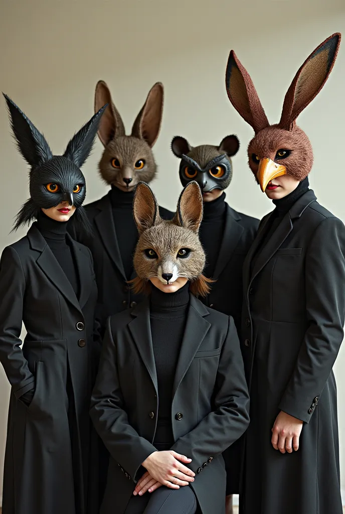 Overview of the 5 faces wearing animal masks as they pose for the camera (reference bohemian rhapsody). 