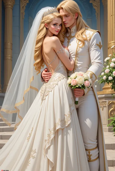 fantasy, incredibly beautiful fatal blonde with long golden hair , beautiful hairstyle, jewelry, a tiara, veil, blue eyes, goddess, day, the temple, girl, sweet face , in a transparent open luxury white wedding dress with diamonds on fabric, open shou...