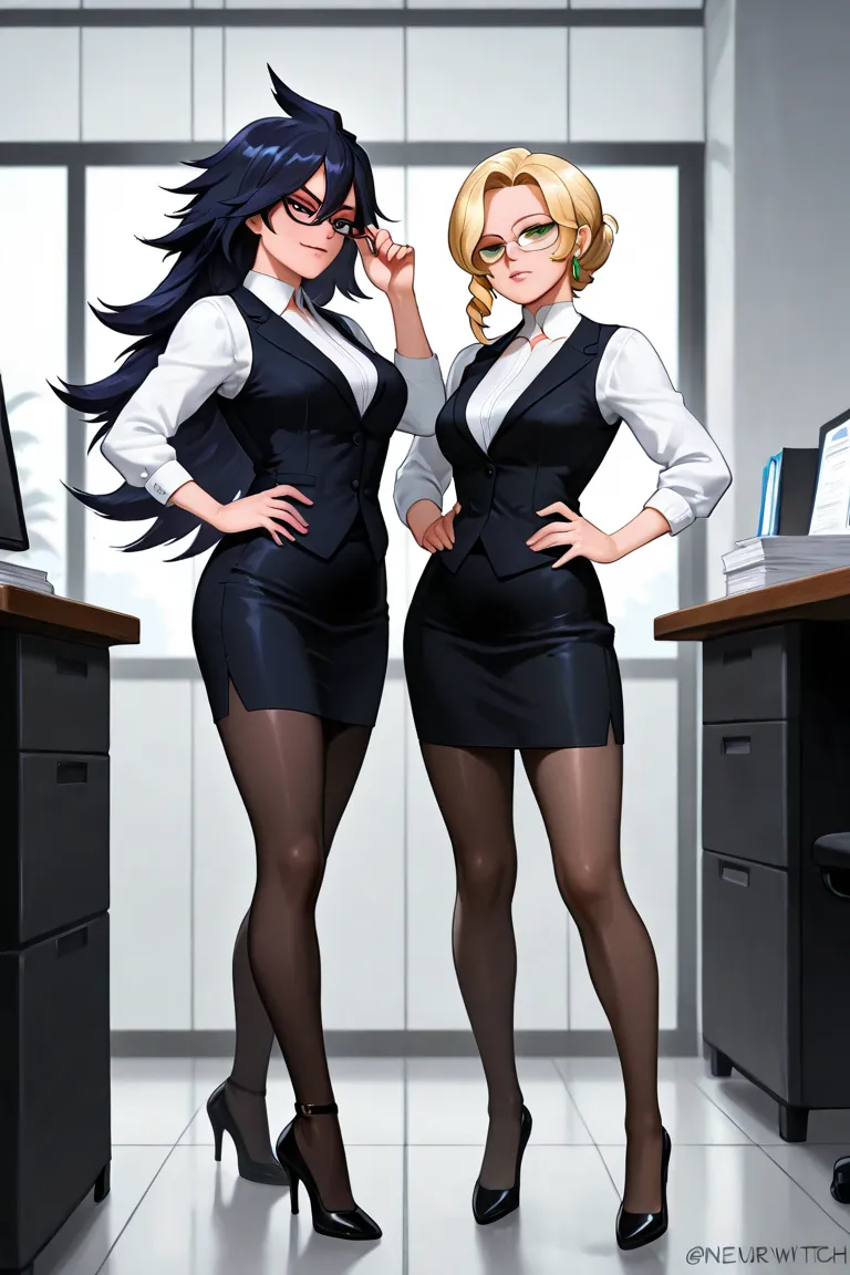 (Tow women), 2girls, My Hero Academia, Nemuri Kayama, Midnight, glossy lips, medium breasts, black sleevless vest, tight sleeved white collar blouse, pencil skirt, pantyhose, black high heels, standing, business office, flirt smile. RWBY, Glynda Goodwitch,...