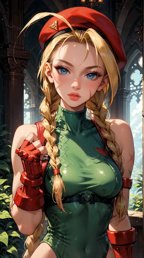 Dark Fantasy Art of score_9, score_8_up, score_7_up, rating_questionable, fantasy, lighting, epiCPhoto 1girl, very sexy (cammySDXL, blue eyes, blonde hair, long hair, twin braids, antenna hair, medium breasts, bare shoulders, red gloves, fingerless gloves,...